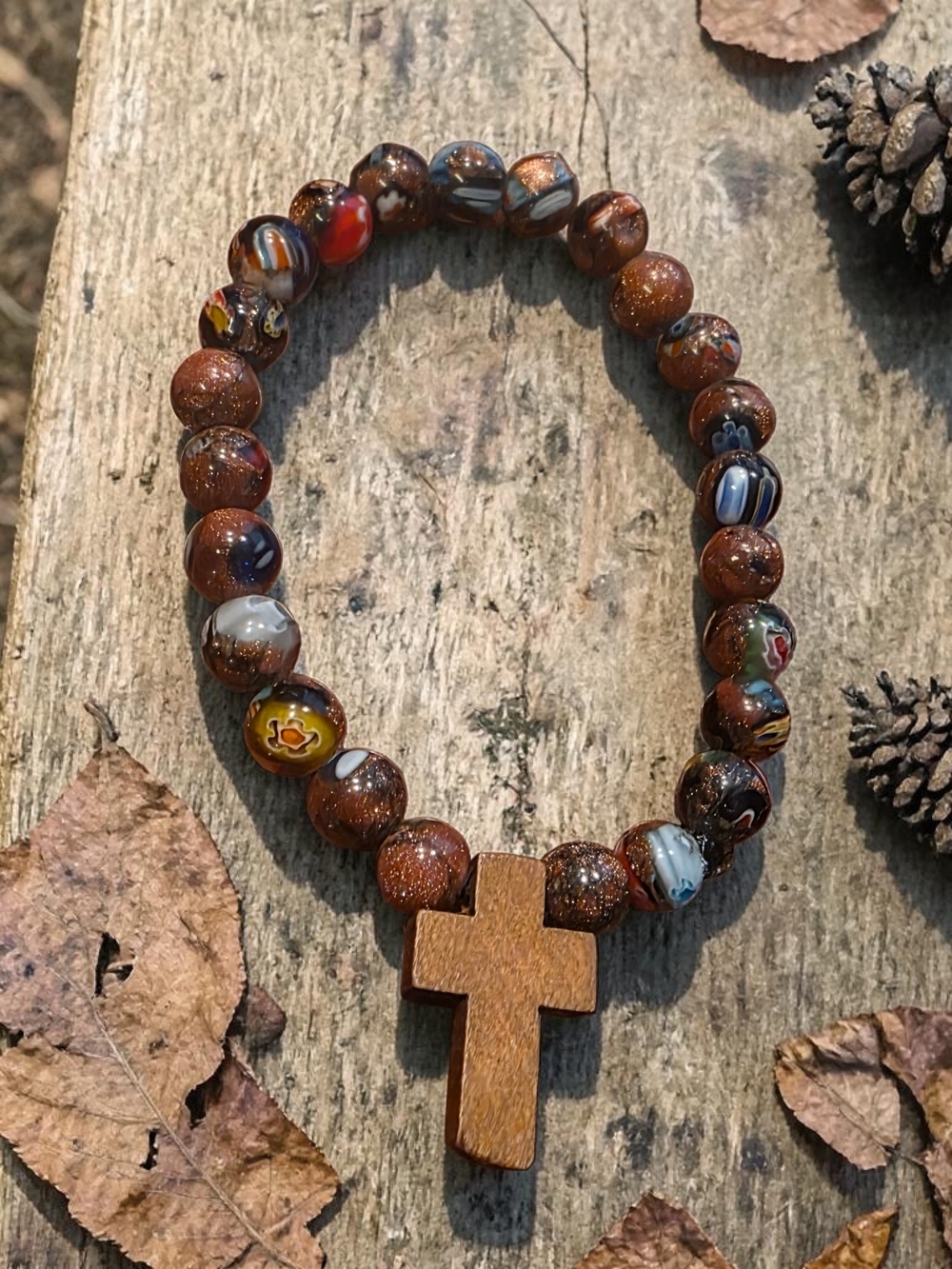 Vintage Millefiori & Goldstone Cross Beaded Bracelet - Picture 2 of 3